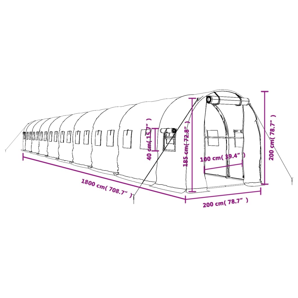 vidaXL kasvuhoone terasraamiga, valge, 36 m², 18x2x2 m