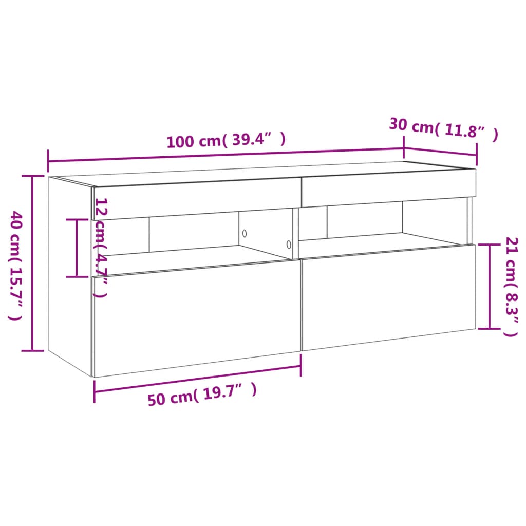 vidaXL teleri seinakapp LED-tuledega, valge, 100 x 30 x 40 cm