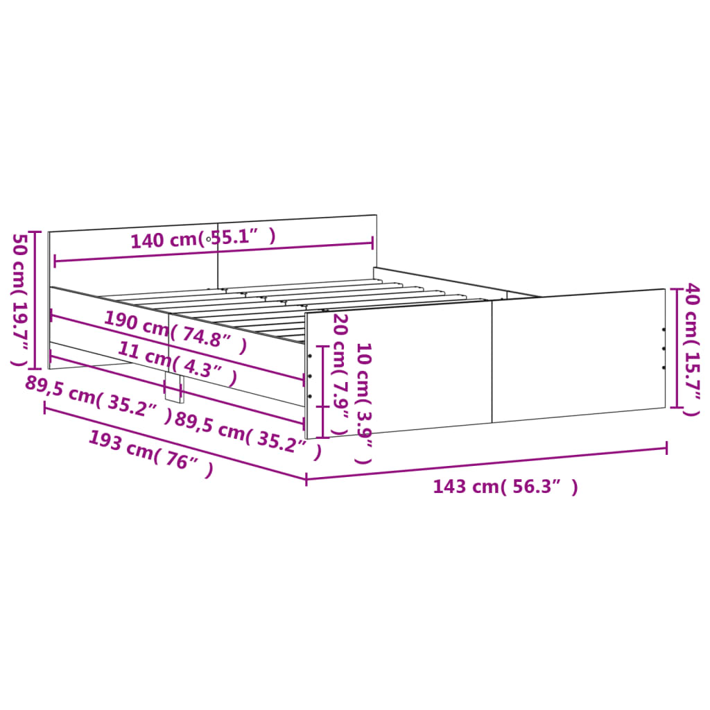 vidaXL peatsi ja jalutsiga voodiraam, hall Sonoma tamm, 140 x 190 cm