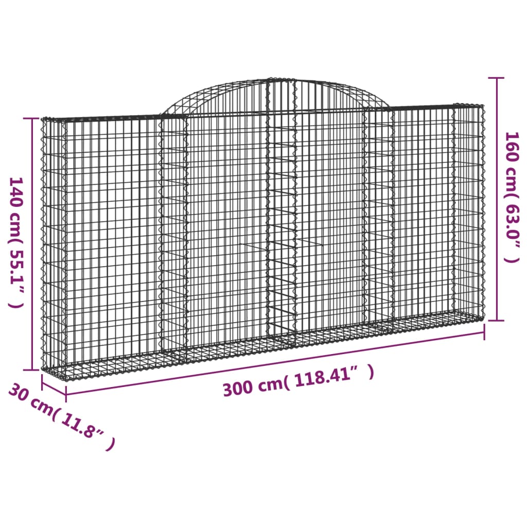 vidaXL kaarekujulised gabioonkorvid 12 tk, 300x30x140/160 cm, raud