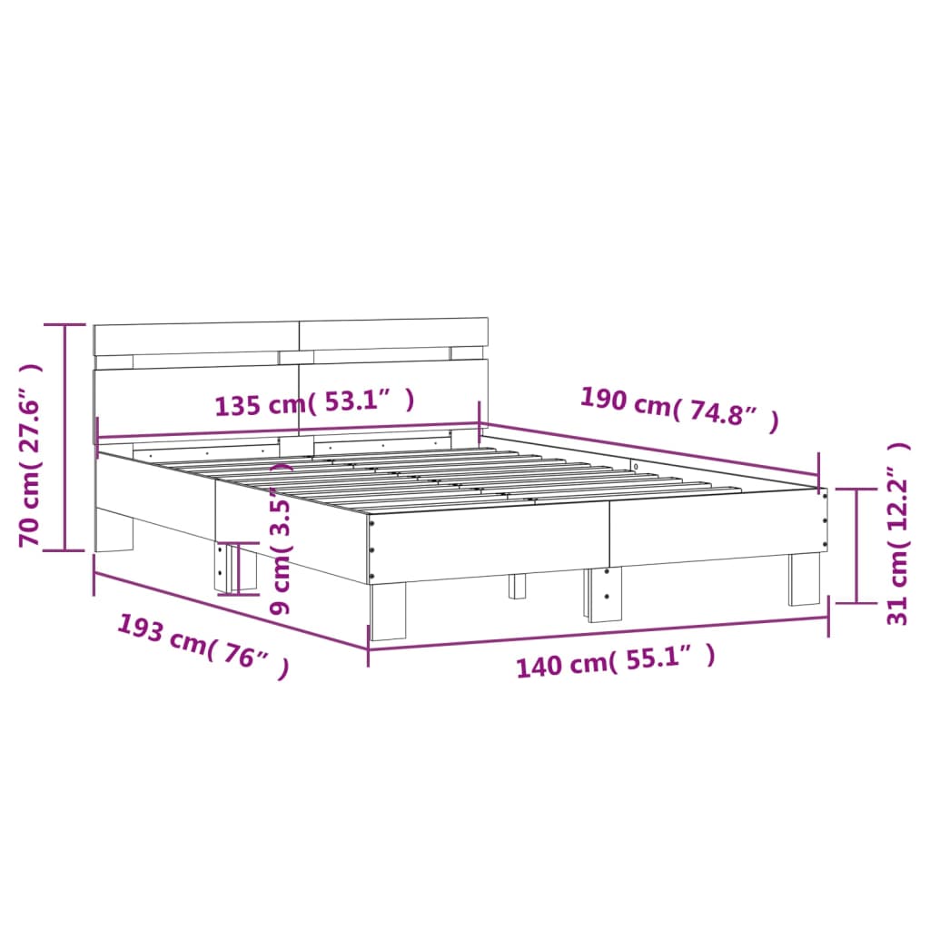 vidaXL voodiraam peatsiga,valge, 135 x 190 cm, tehispuit