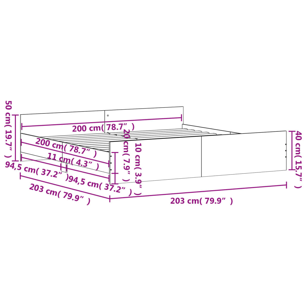 vidaXL peatsi ja jalutsiga voodiraam, suitsutatud tamm, 200 x 200 cm