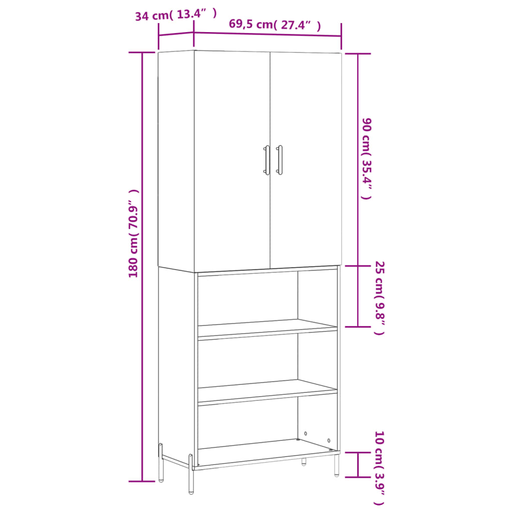 vidaXL kõrge kapp, hall Sonoma tamm, 69,5 x 34 x 180 cm, tehispuit