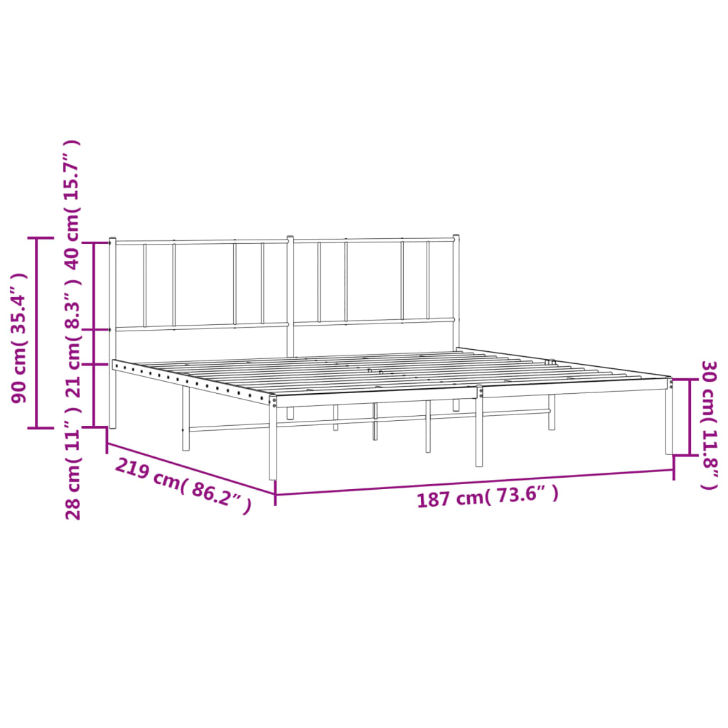 vidaXL metallist voodiraam peatsiga, valge, 183x213 cm