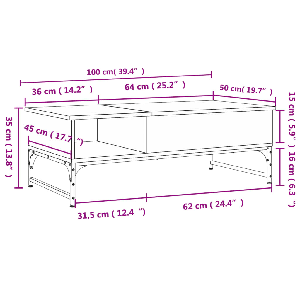 vidaXL kohvilaud, suitsutamm, 100 x 50 x 35 cm, tehispuit ja metall