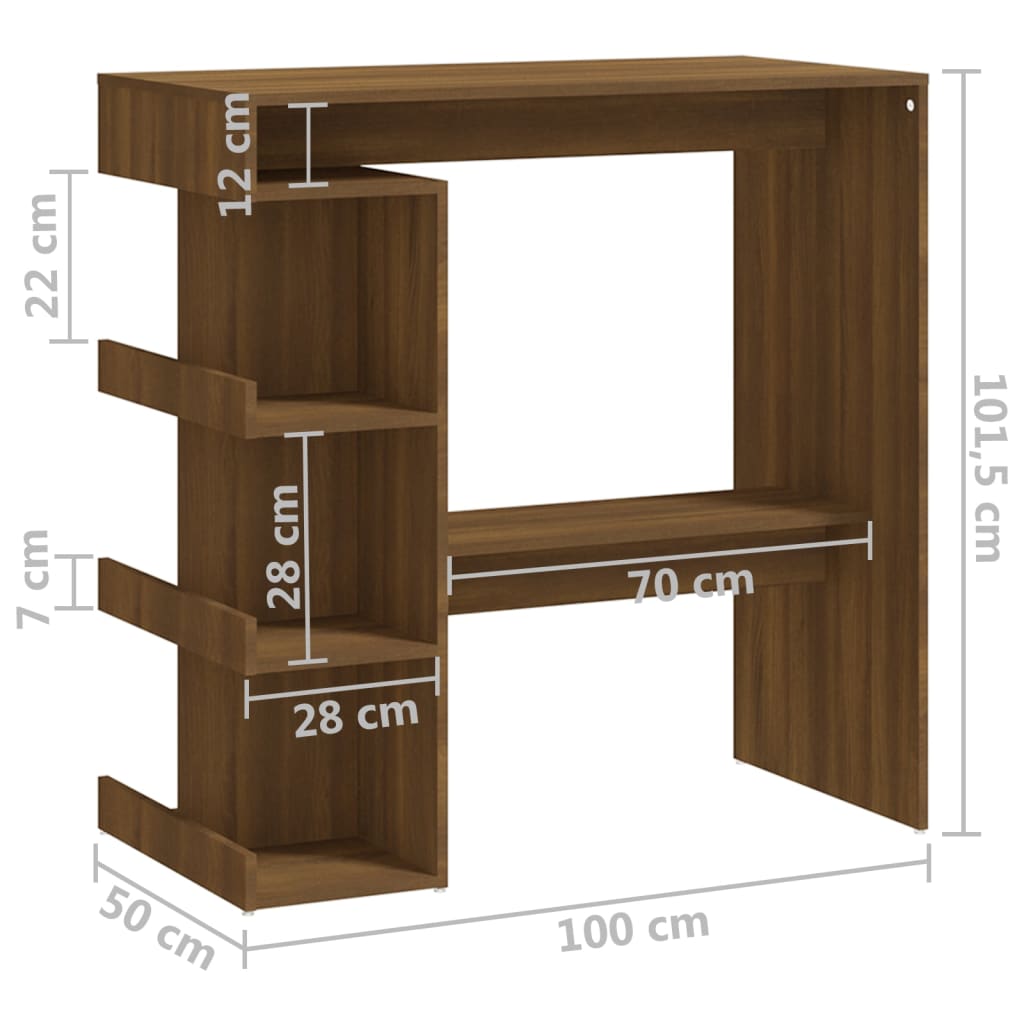 vidaXL baarilaud riiuliga, pruun, 100x50x101,5 cm, tehispuit