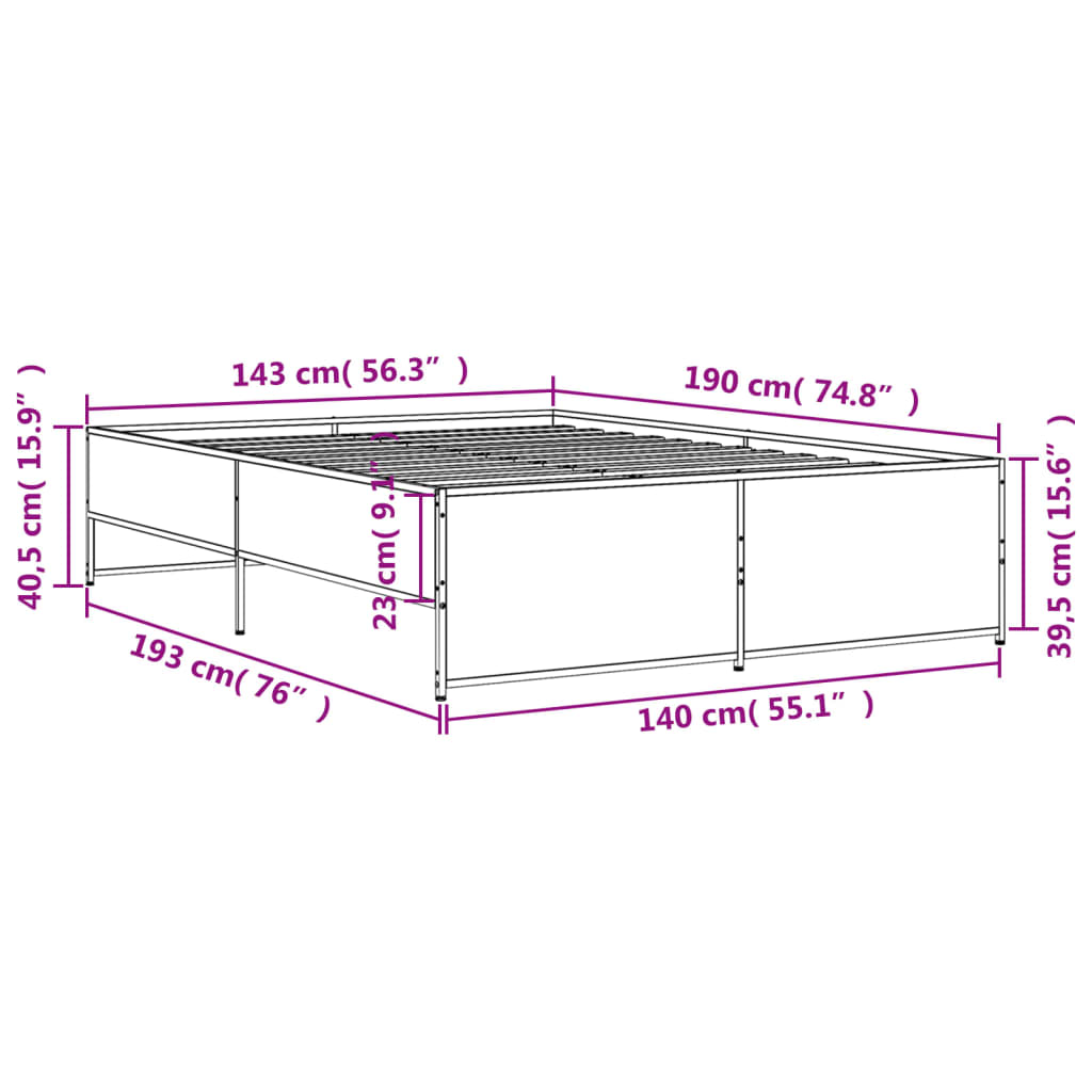 vidaXL voodiraam, hall Sonoma tamm, 140 x 190 cm, tehispuit ja metall