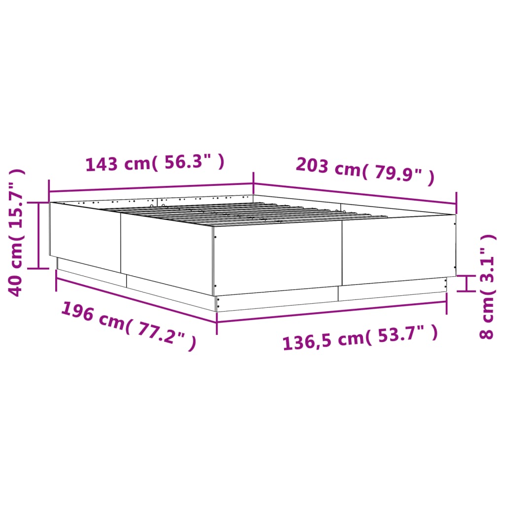 vidaXL voodiraam LED-tuledega, hall Sonoma tamm, 140x200 cm, tehispuit