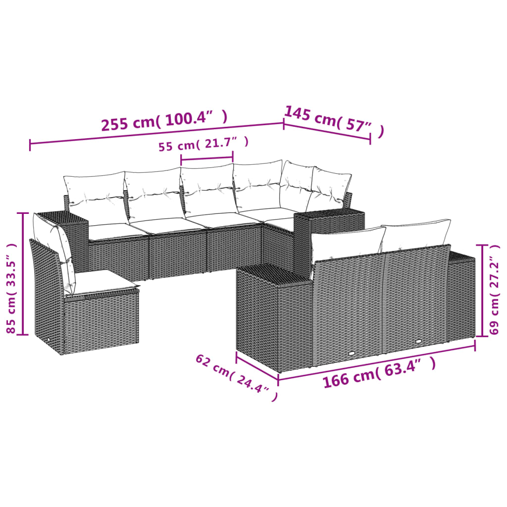 vidaXL 8-osaline aiadiivani komplekt patjadega, hall, polürotang