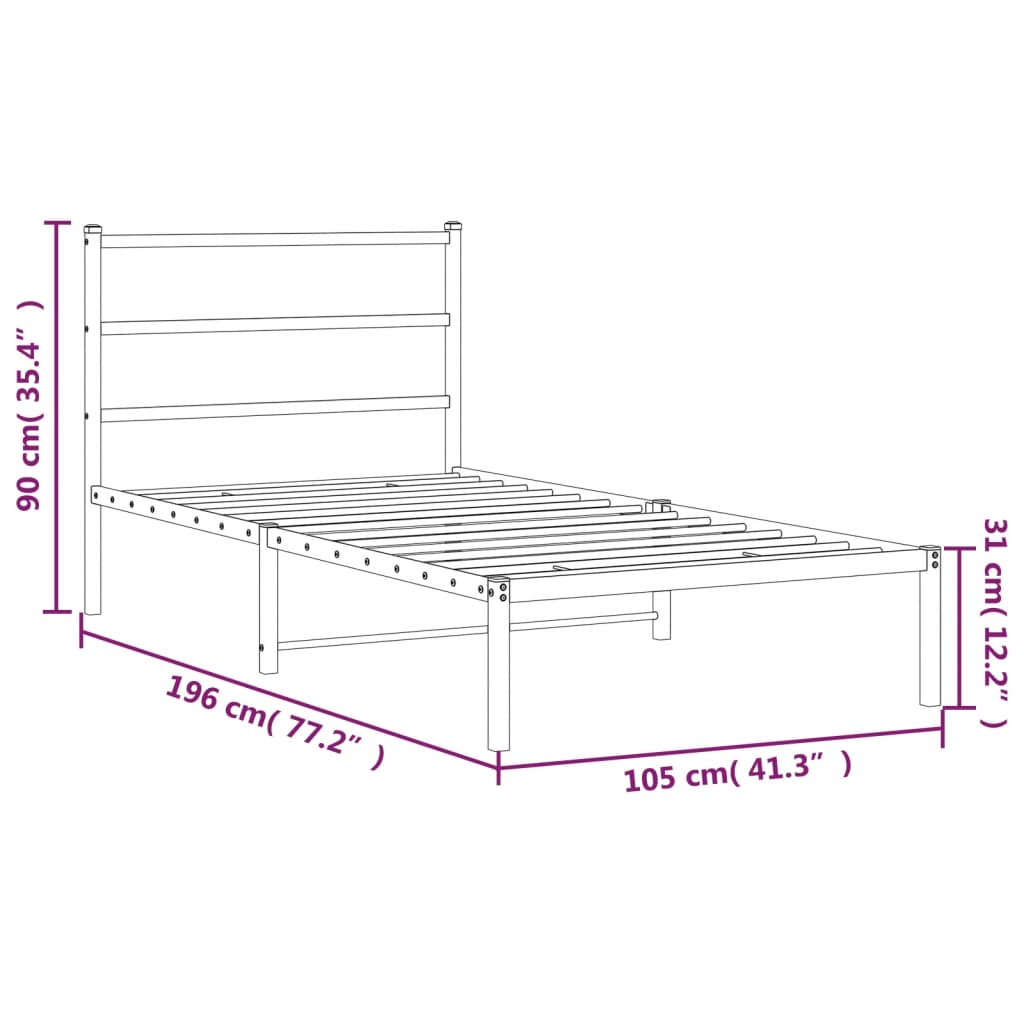 vidaXL metallist voodiraam peatsiga, must, 100x190 cm