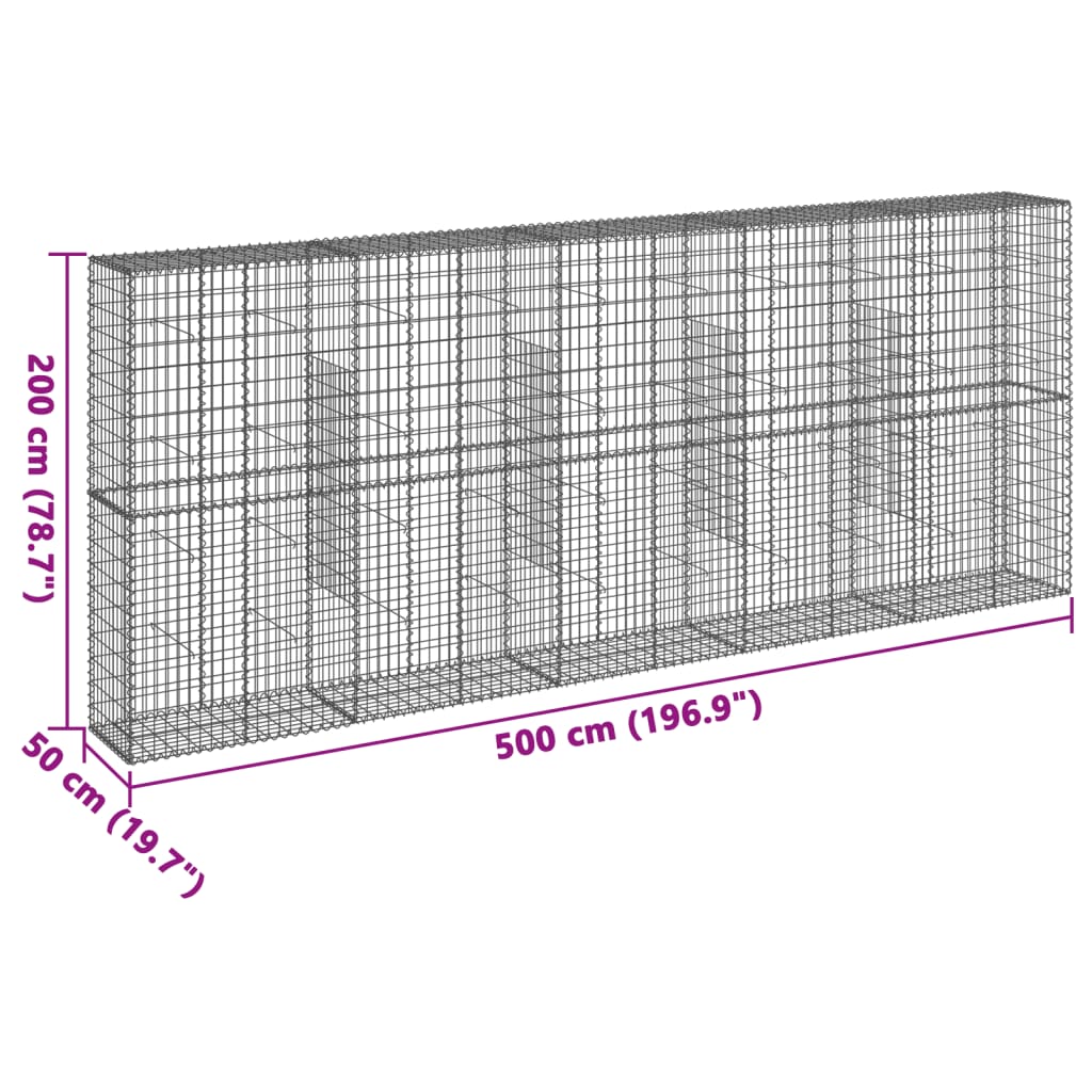 vidaXL kaanega gabioonkorv, 500 x 50 x 200 cm, tsingitud raud