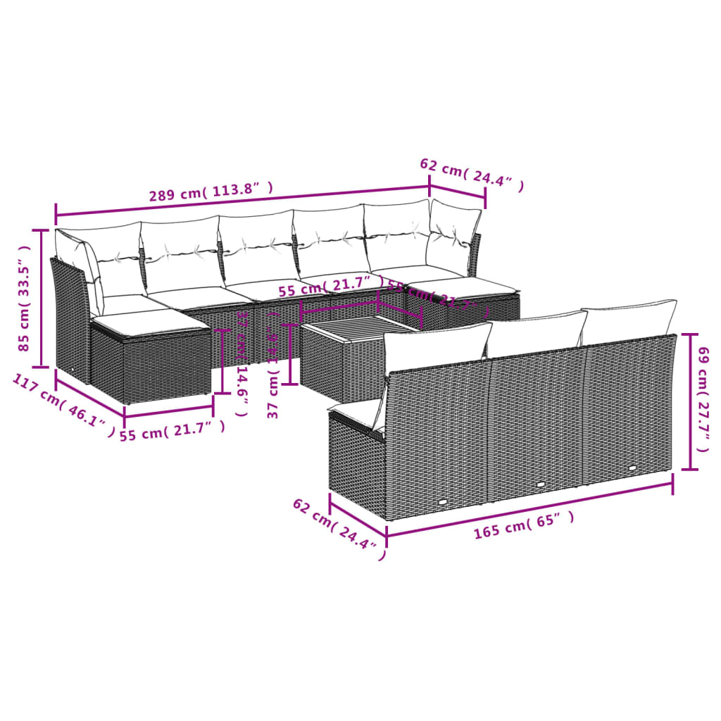 vidaXL 11-osaline aiadiivani komplekt patjadega, hall, polürotang