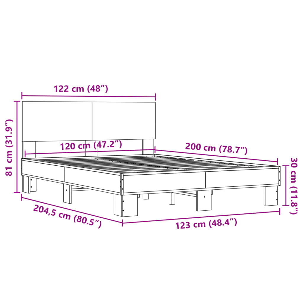 vidaXL voodiraam, pruun tamm, 120 x 200 cm, tehispuit ja metall