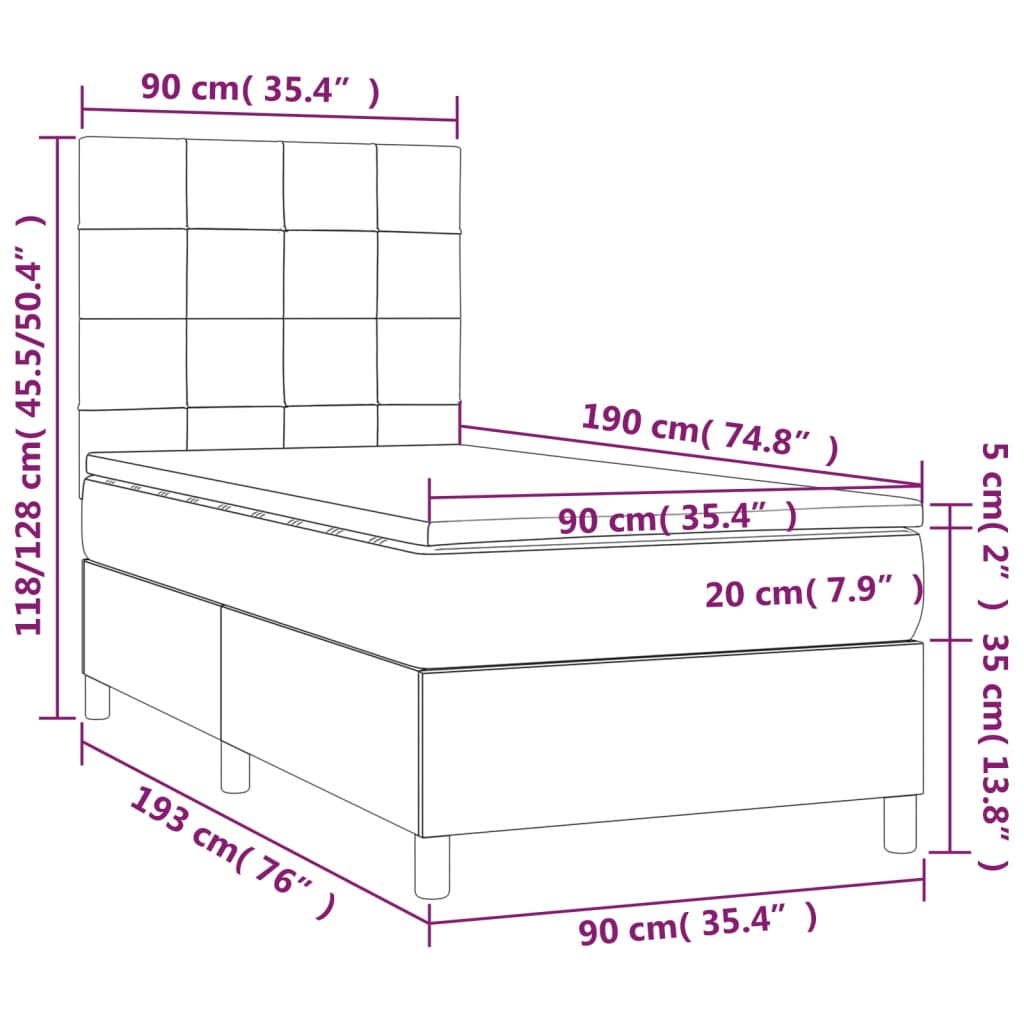 vidaXL kontinentaalvoodi madrats ja LED, must, 90x190 cm, samet