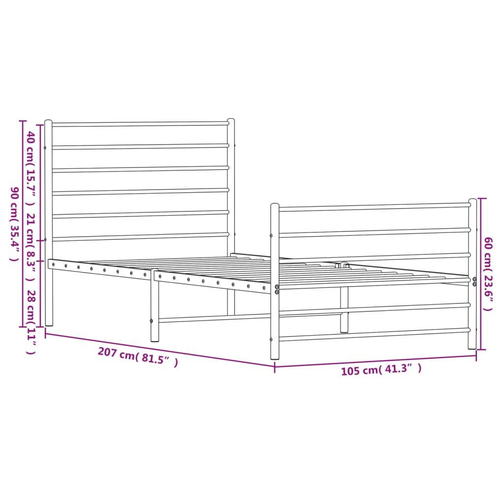 vidaXL metallist voodiraam peatsi ja jalutsiga, valge, 100x200 cm