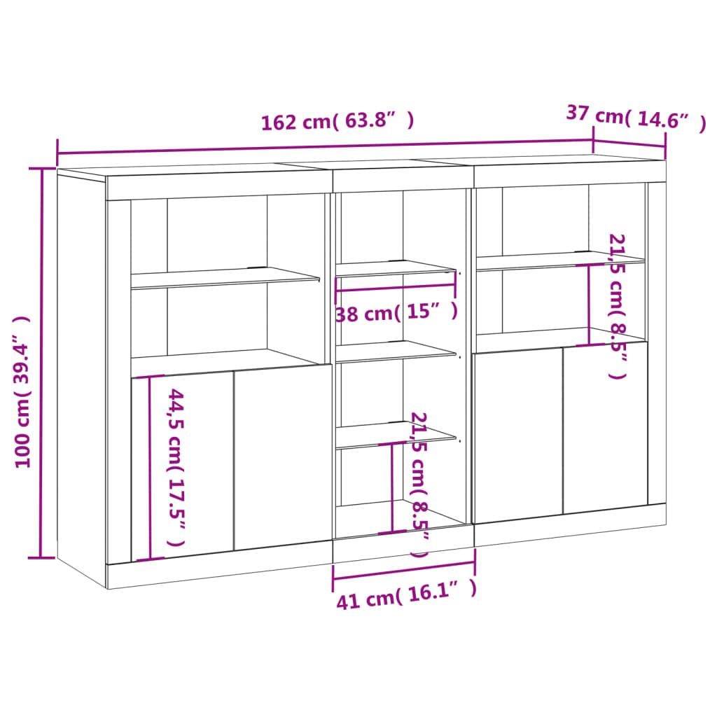 vidaXL puhvetkapp LED-tulega, betoonhall, 162 x 37 x 100 cm