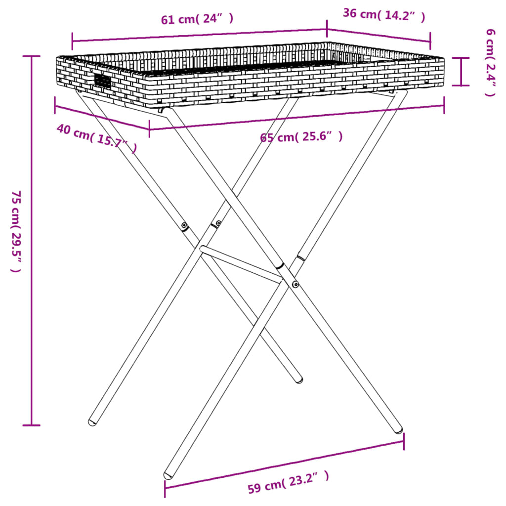 vidaXL kokkupandav laud kandikuga, must, 65x40x75 cm, polürotang