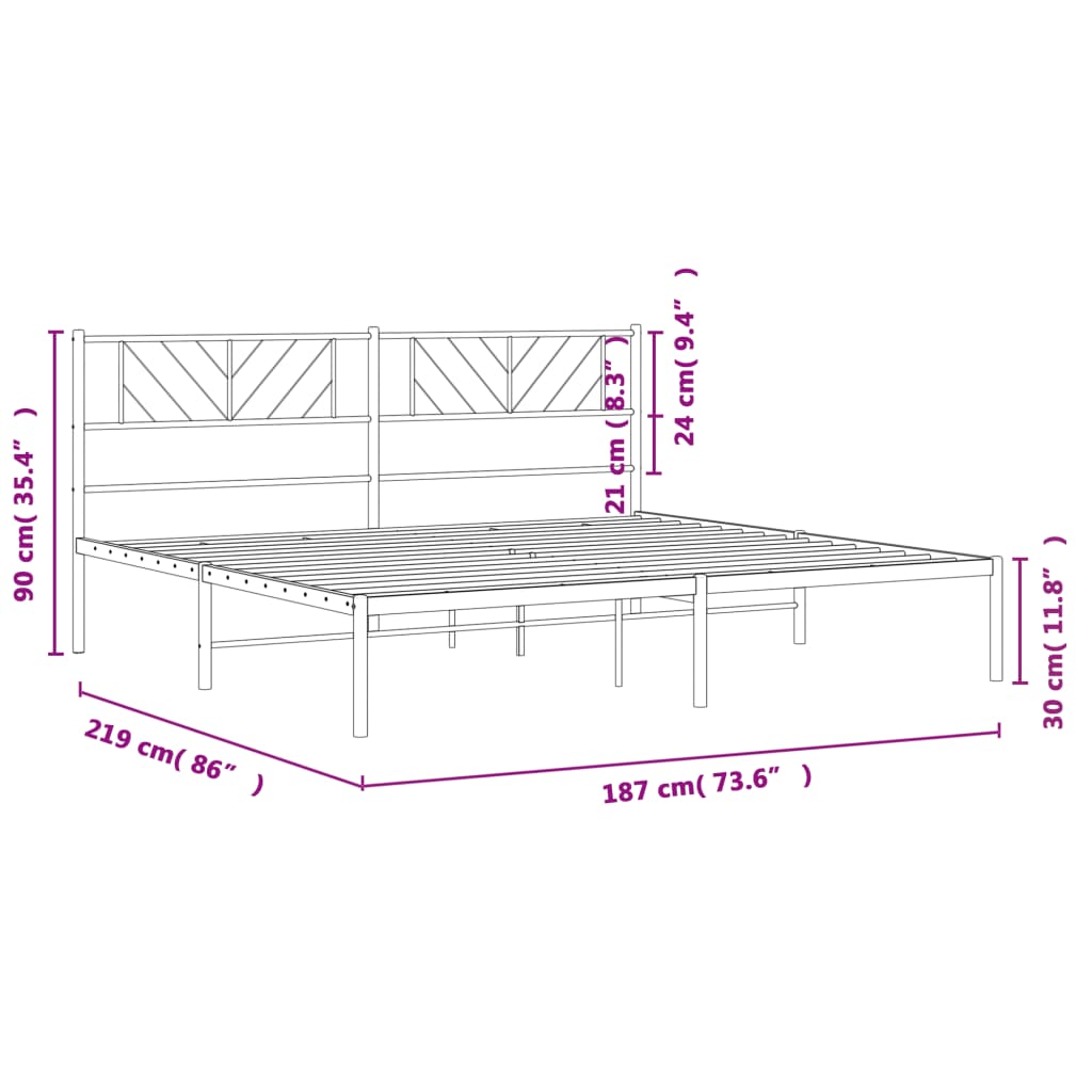 vidaXL metallist voodiraam peatsiga, valge, 183x213 cm