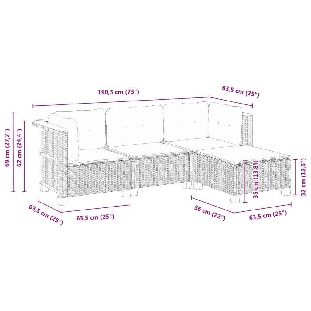 vidaXL 4-osaline aiamööbli komplekt patjadega, hall, polürotang