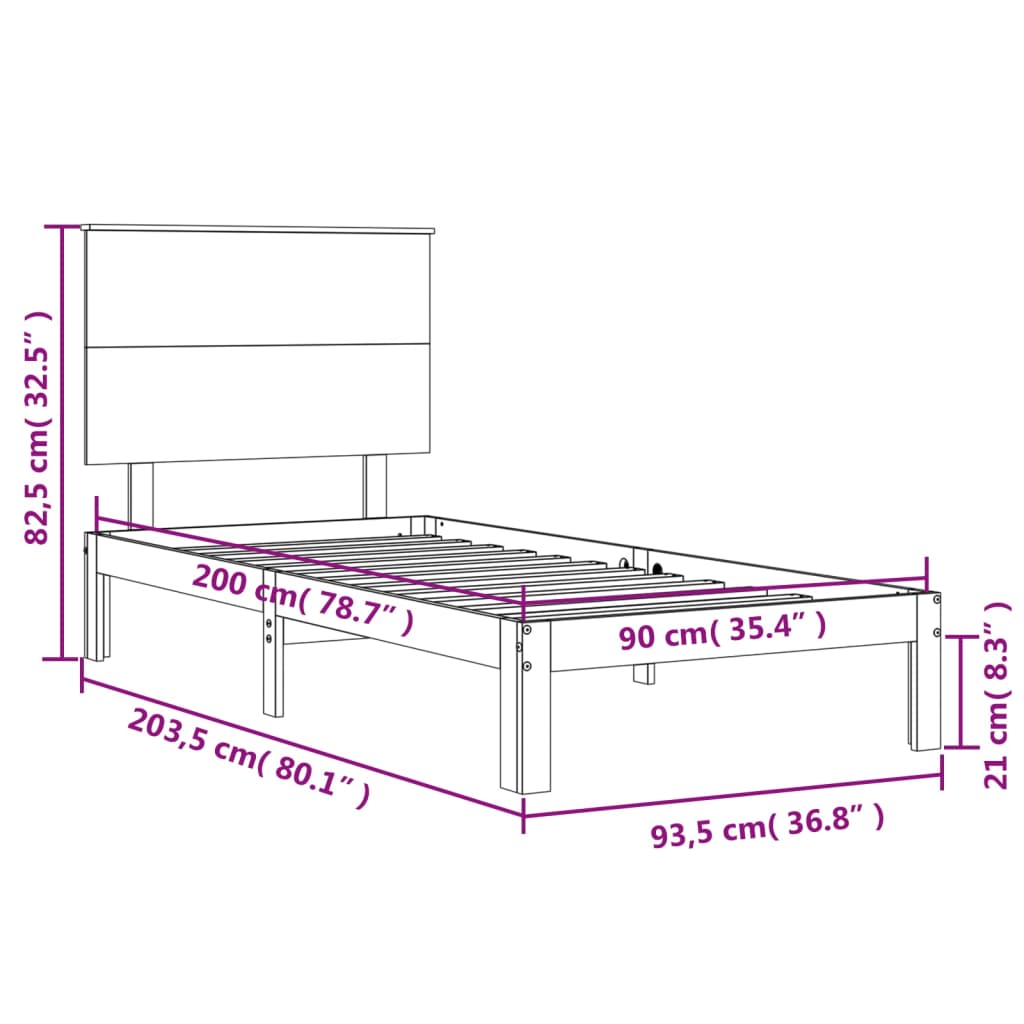 vidaXL voodiraam peatsiga, valge, 90 x 200 cm, täispuit