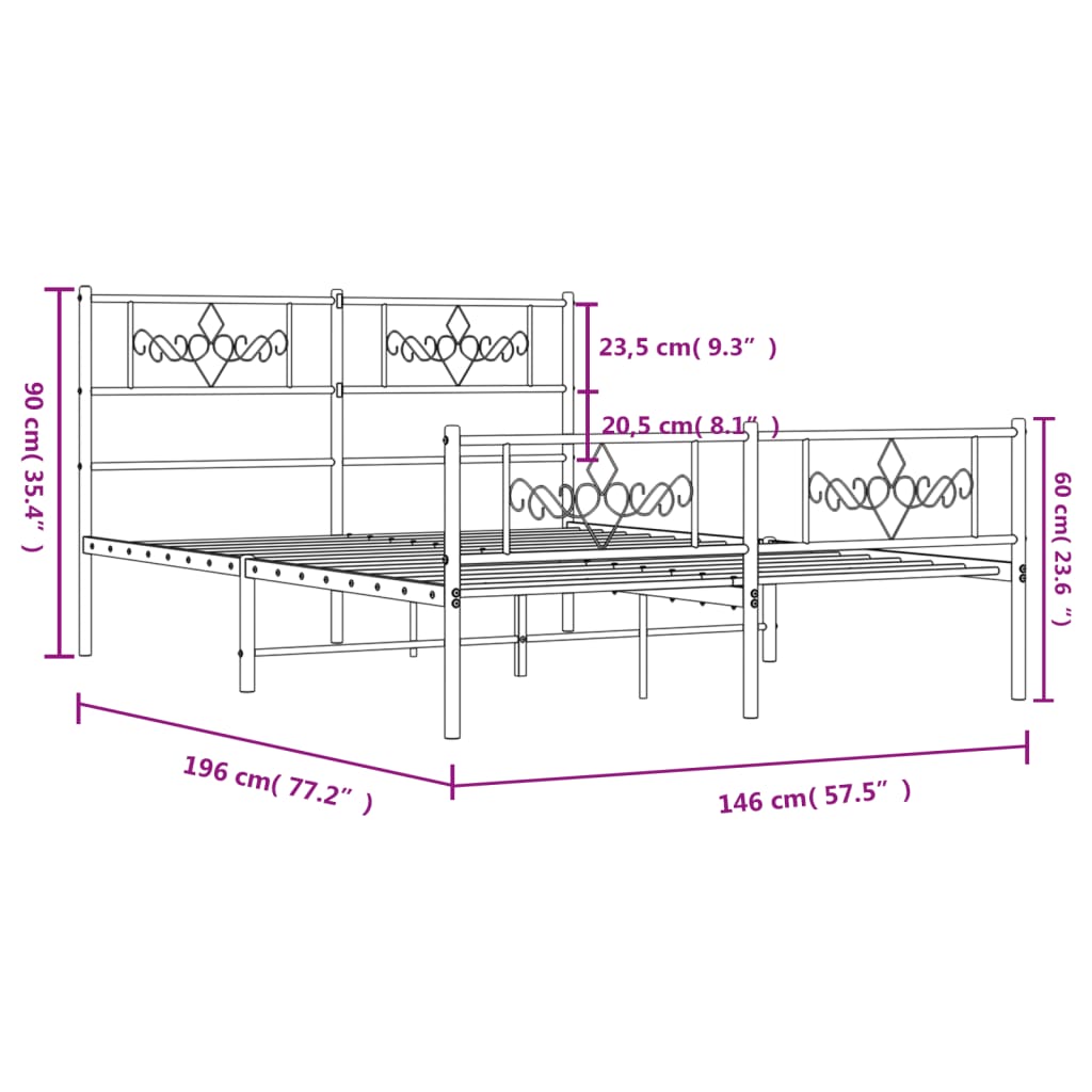 vidaXL metallist voodiraam peatsi ja jalutsiga, valge, 140 x 190 cm