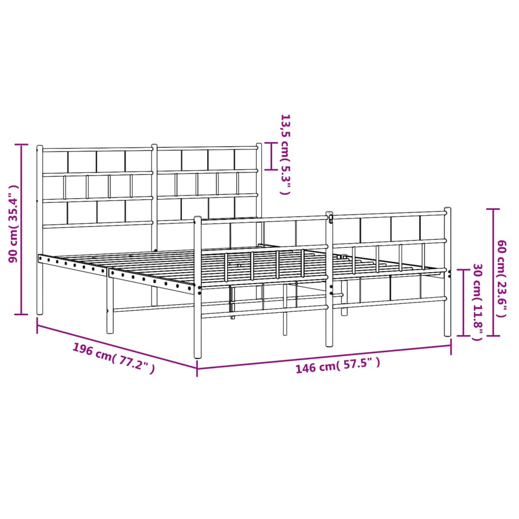 vidaXL metallist voodiraam peatsi ja jalutsiga, valge, 140 x 190 cm