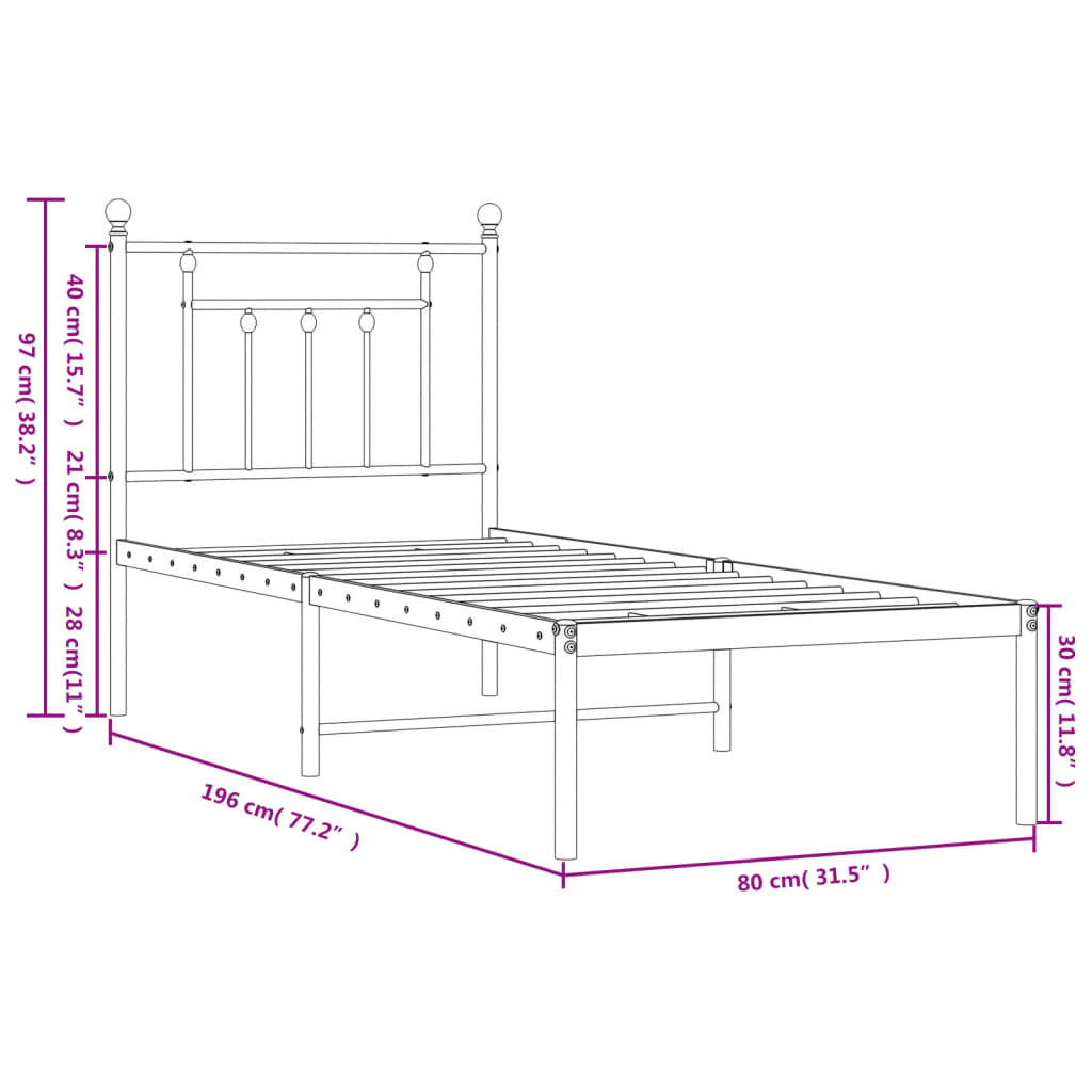 vidaXL metallist voodiraam peatsiga, ilma madratsita, valge, 75x190 cm