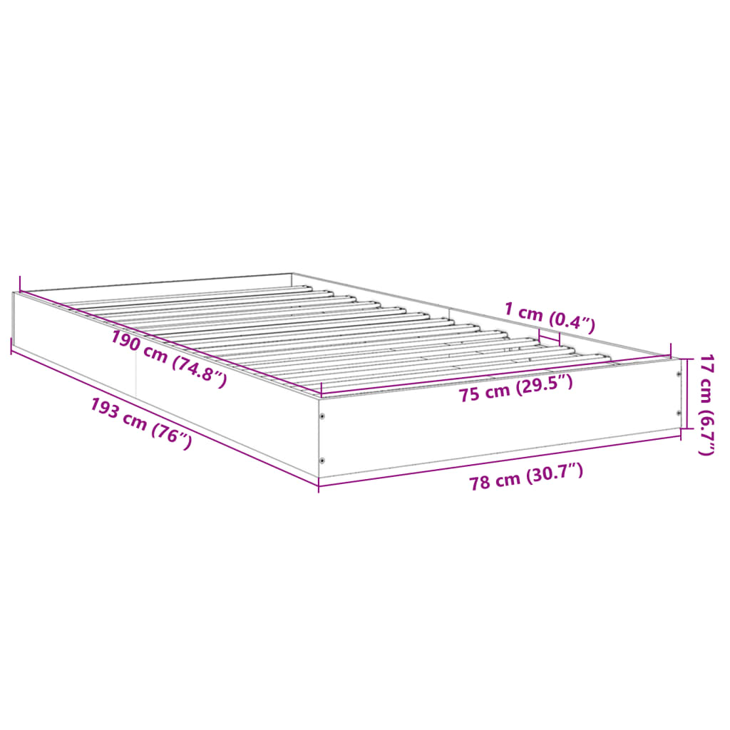 vidaXL voodiraam, hall Sonoma tamm, 75x190 cm, tehispuit