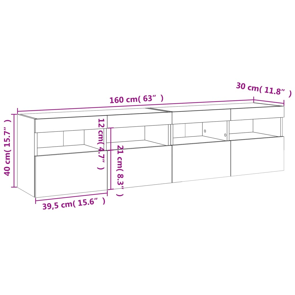 vidaXL teleri seinakapid LED-tuledega 2 tk, valge, 80 x 30 x 40 cm