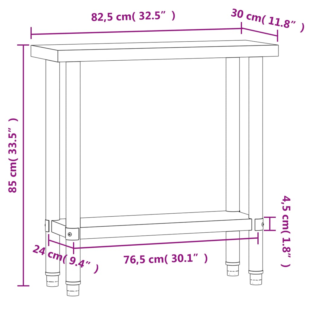 vidaXL köögi töölaud, 82,5x30x85 cm, roostevaba teras