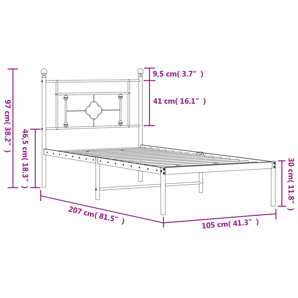 vidaXL metallist voodiraam peatsiga, must, 100x200 cm