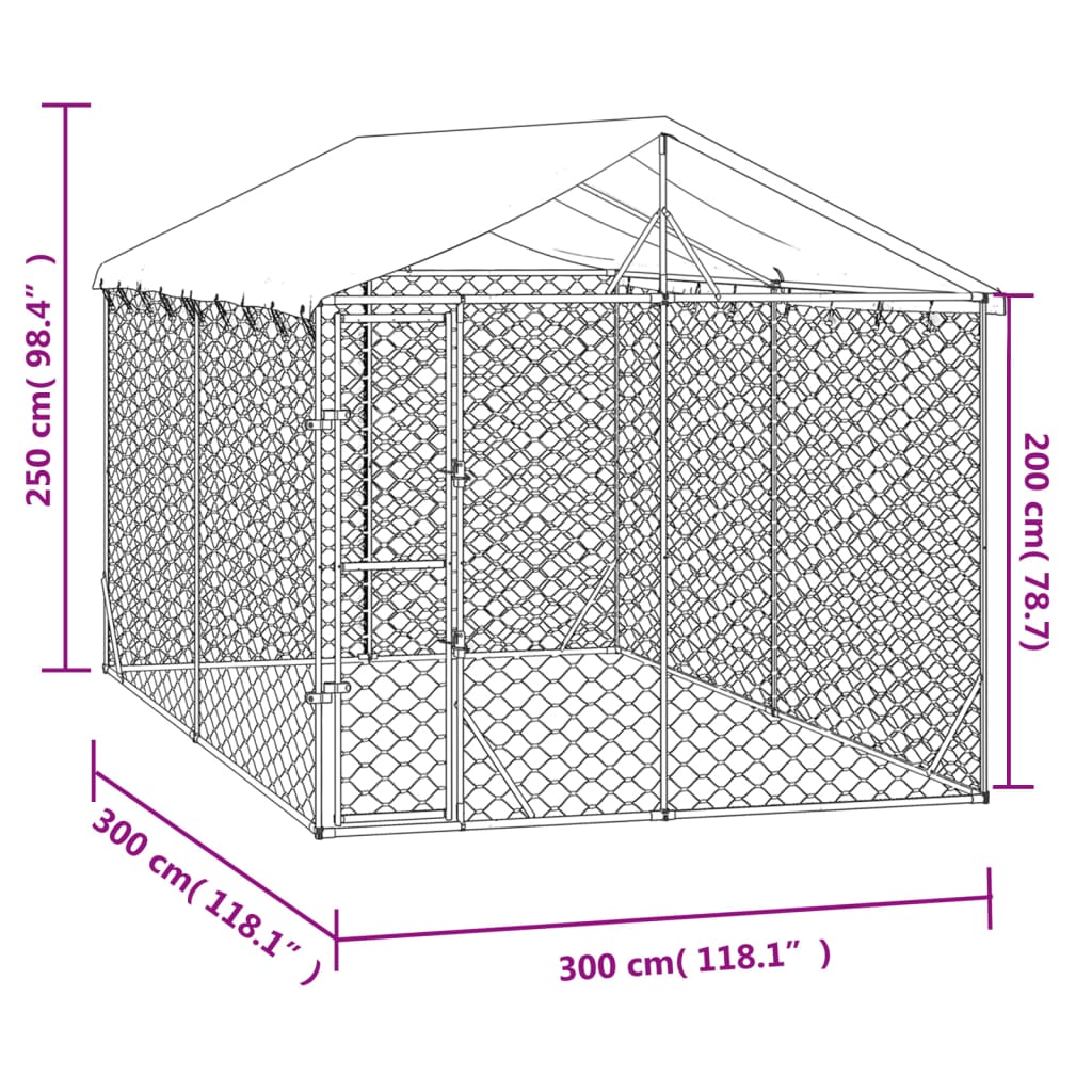 vidaXL katusega koeraaedik, hõbedane, 3x3x2,5 m, tsingitud teras