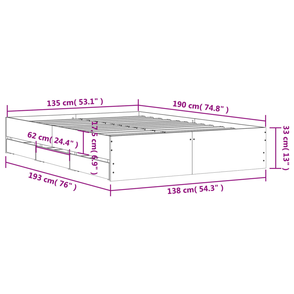 vidaXL voodiraam sahtlitega, must, 135x190 cm, tehispuit