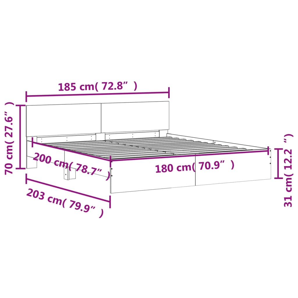 vidaXL LED-tulede ja peatsiga voodiraam,hall Sonoma tamm, 180 x 200 cm