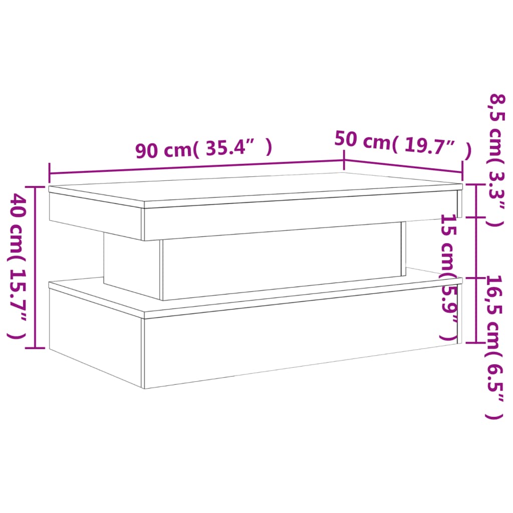 vidaXL LED-tuledega kohvilaud, suitsutatud tamm, 90x50x40 cm