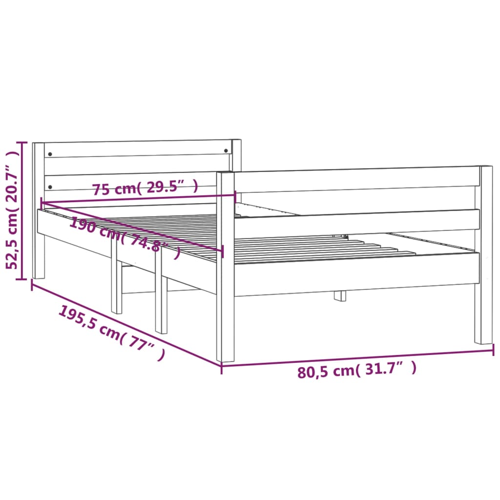 vidaXL voodiraam ilma madratsita, 75 x 190 cm, männipuit