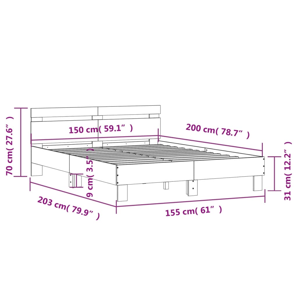 vidaXL LED-tulede ja peatsiga voodiraam, Sonoma tamm, 150x 200 cm