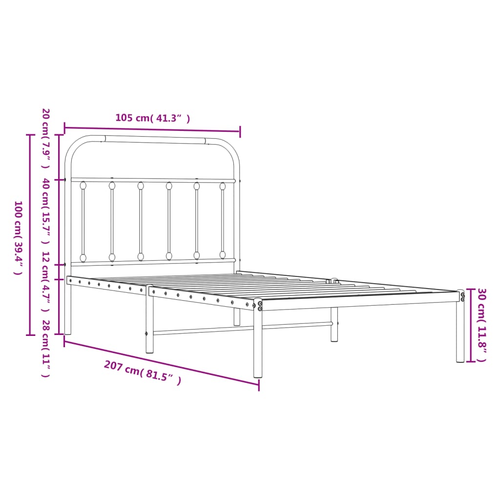 vidaXL metallist voodiraam peatsiga, must, 100x200 cm