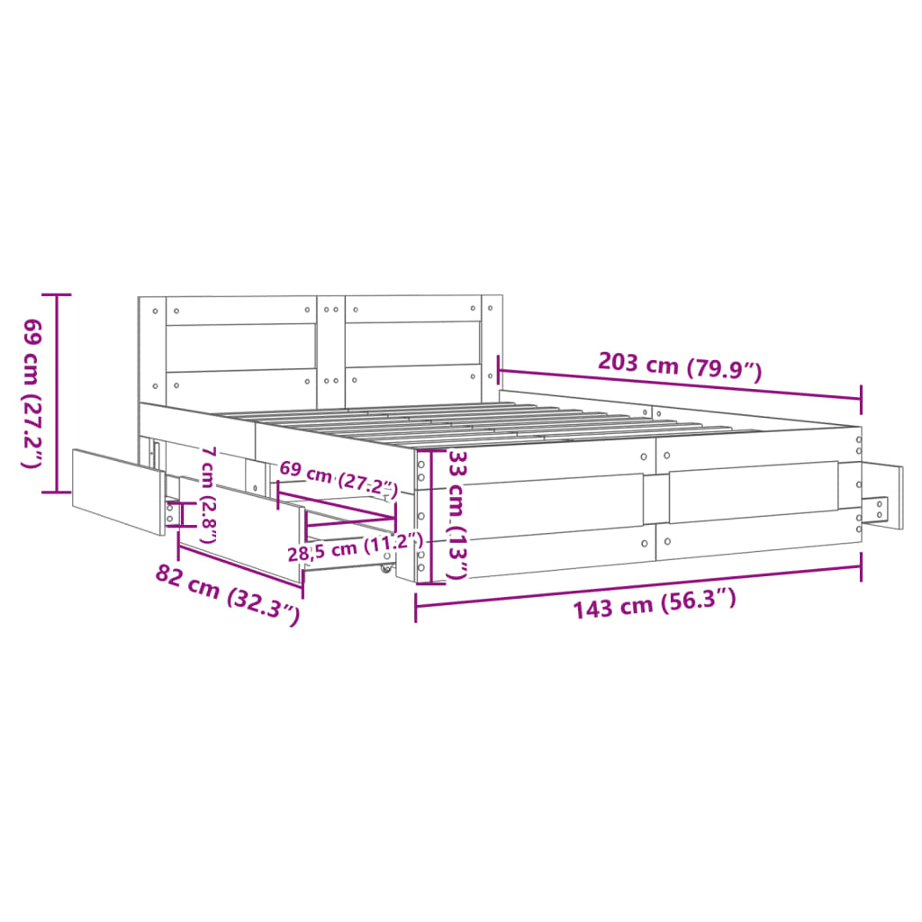 vidaXL voodiraam peatsiga, suitsutatud tamm, 140x200 cm, tehispuit