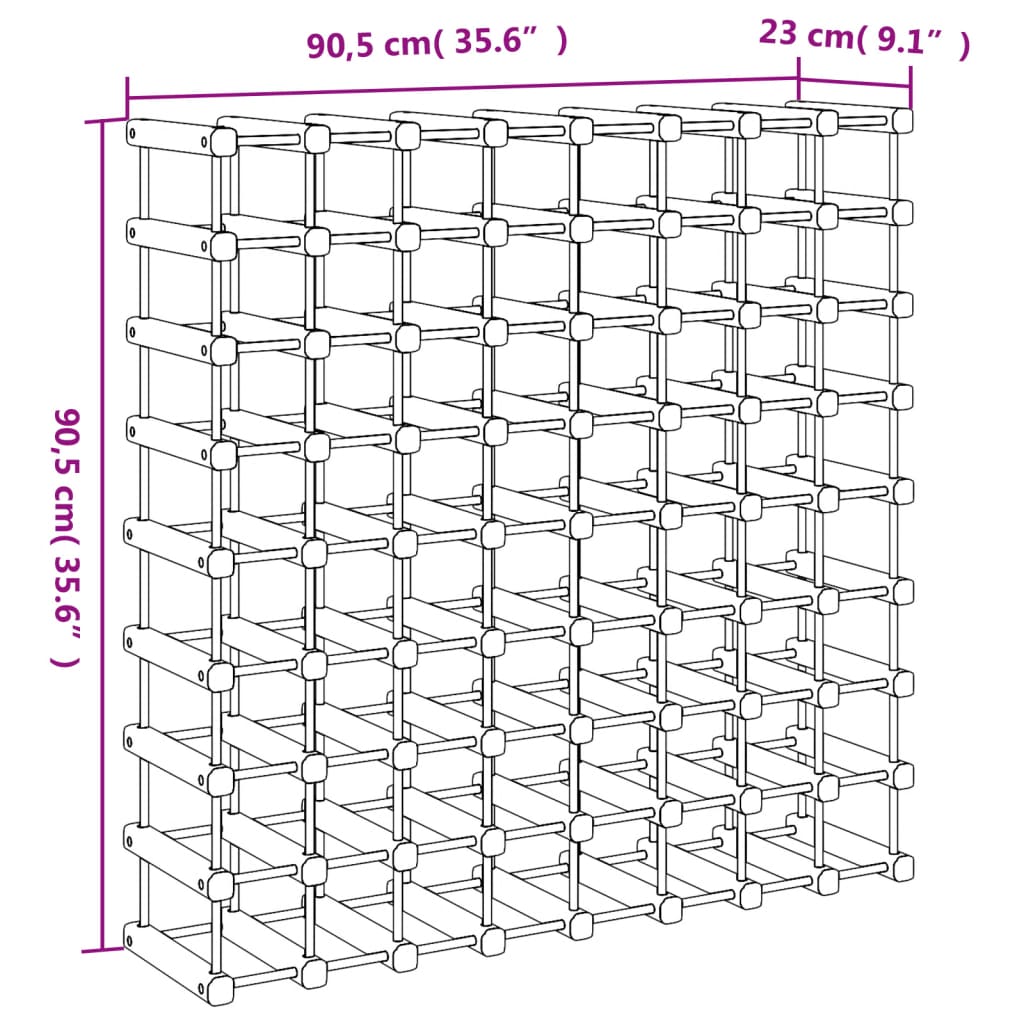 vidaXL veiniriiul 72 pudelile, 90,5 x 23 x 90,5 cm, männipuit