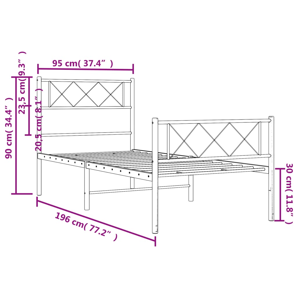 vidaXL metallist voodiraam peatsi ja jalutsiga, valge, 90 x 190 cm