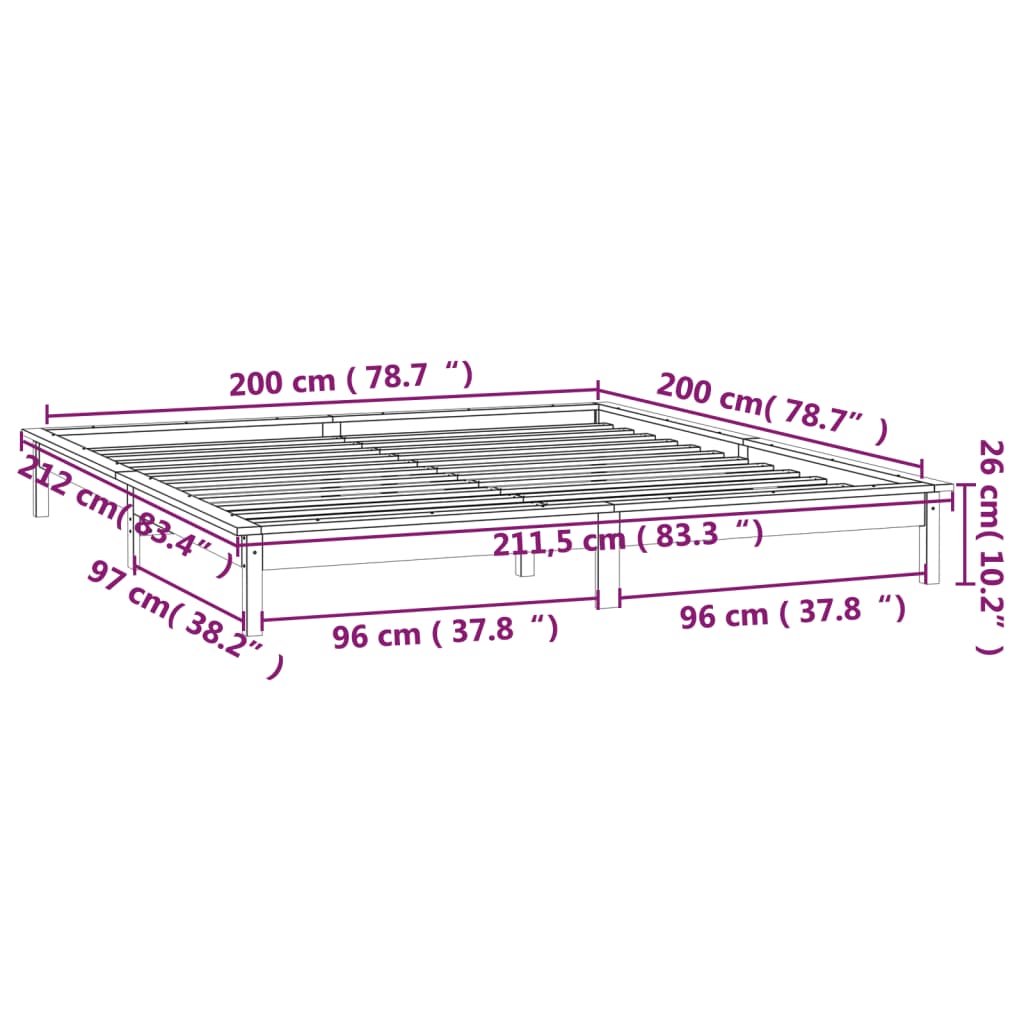 vidaXL LED-voodiraam, meepruun, 200 x 200 cm, männipuit