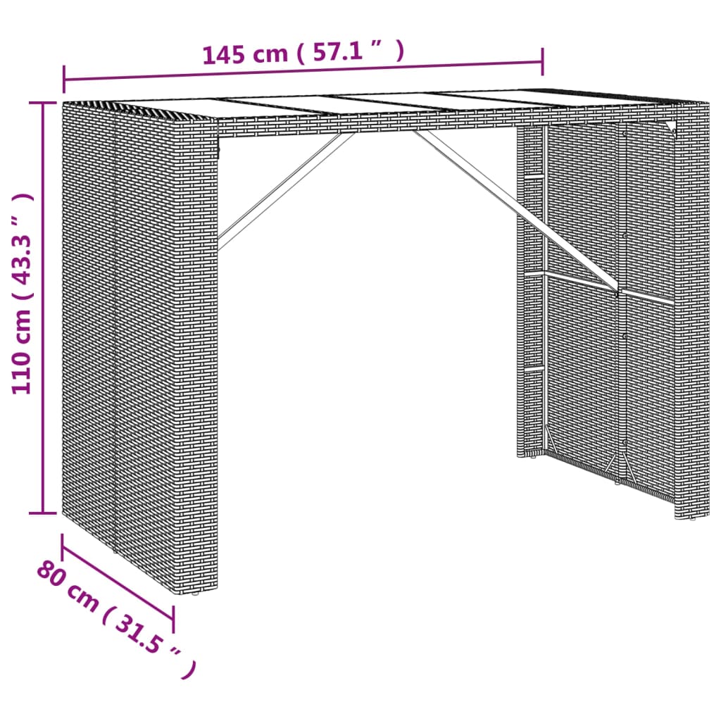 vidaXL baarilaud klaasplaadiga, hall, 145 x 80 x 110 cm, polürotang