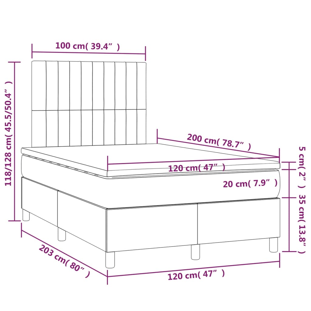 vidaXL kontinentaalvoodi madrats ja LED, tumehall, 120x200 cm, samet