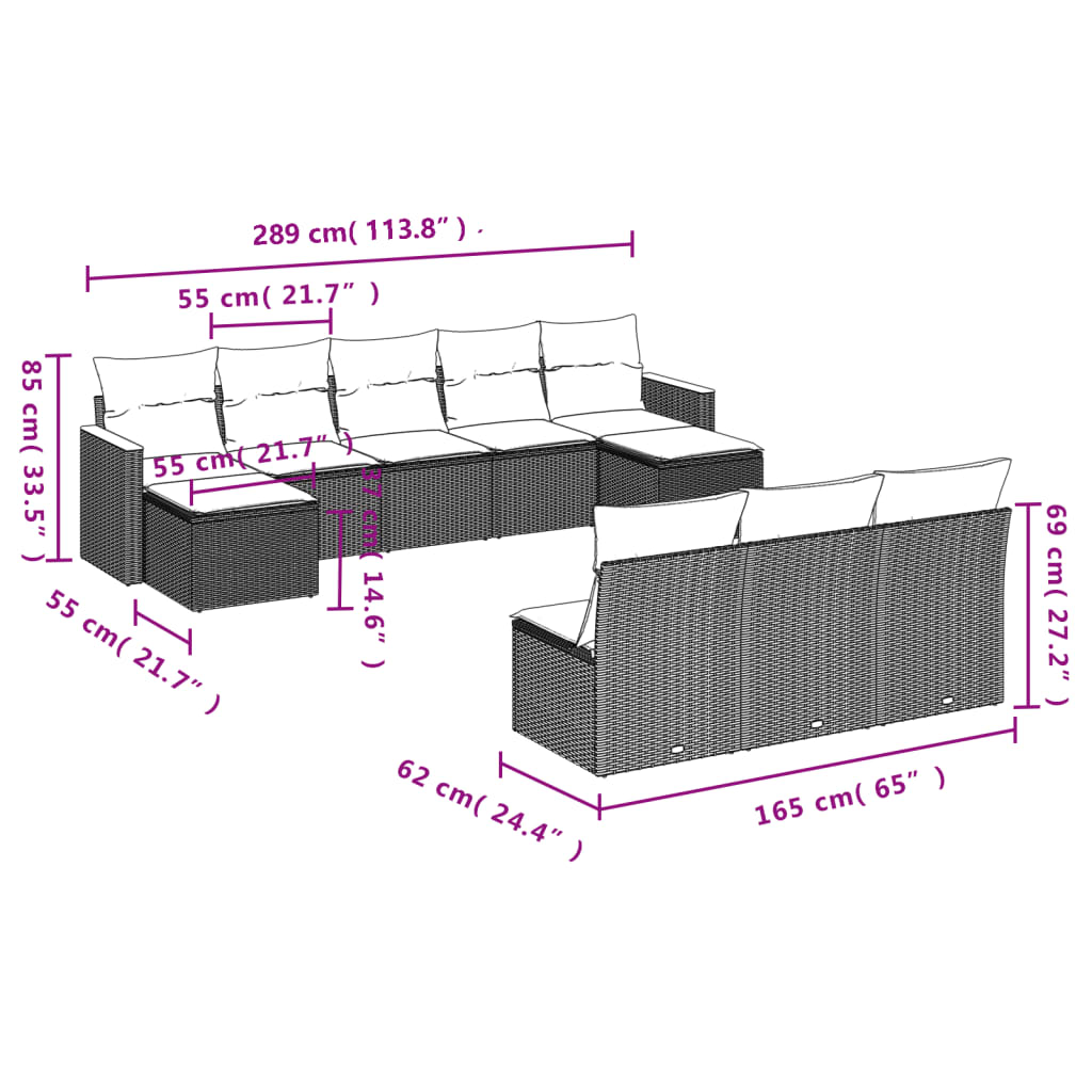 vidaXL 10-osaline aiadiivani komplekt patjadega, hall, polürotang