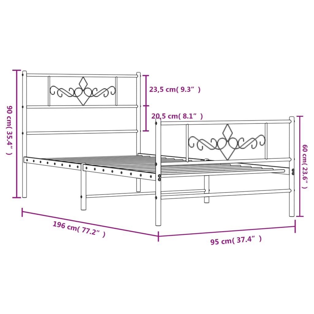 vidaXL metallist voodiraam peatsi ja jalutsiga, valge, 90 x 190 cm