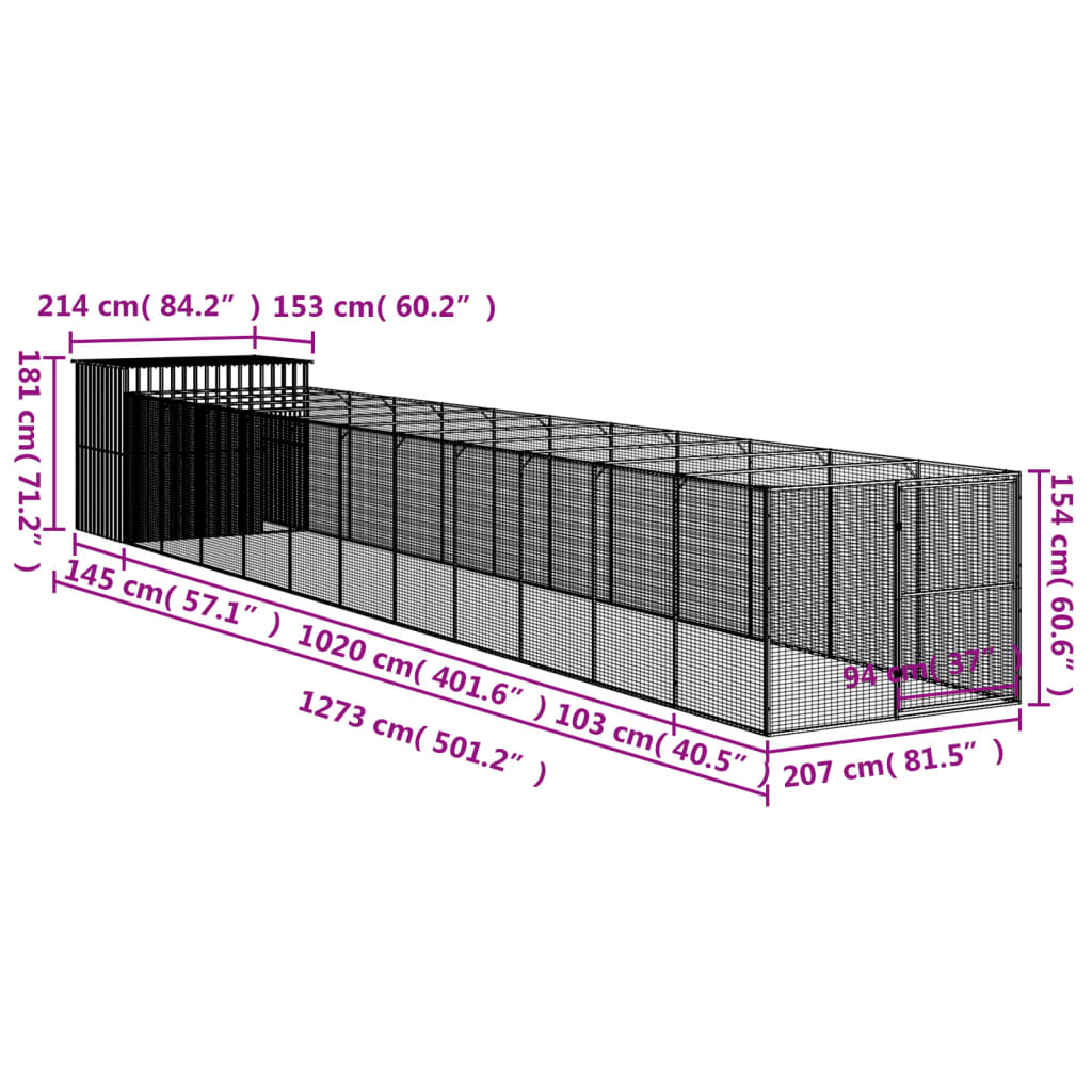 vidaXL koerakuut aedikuga, antratsiithall, 214x1273x181 cm, teras