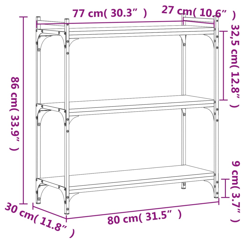 vidaXL raamaturiiul 3 korrust, suitsutamm, 80x30x86 cm, tehispuit