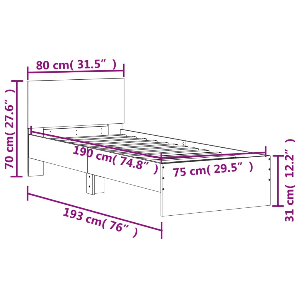 vidaXL voodiraam peatsi ja LED-tuledega, pruun tamm, 75x190 cm