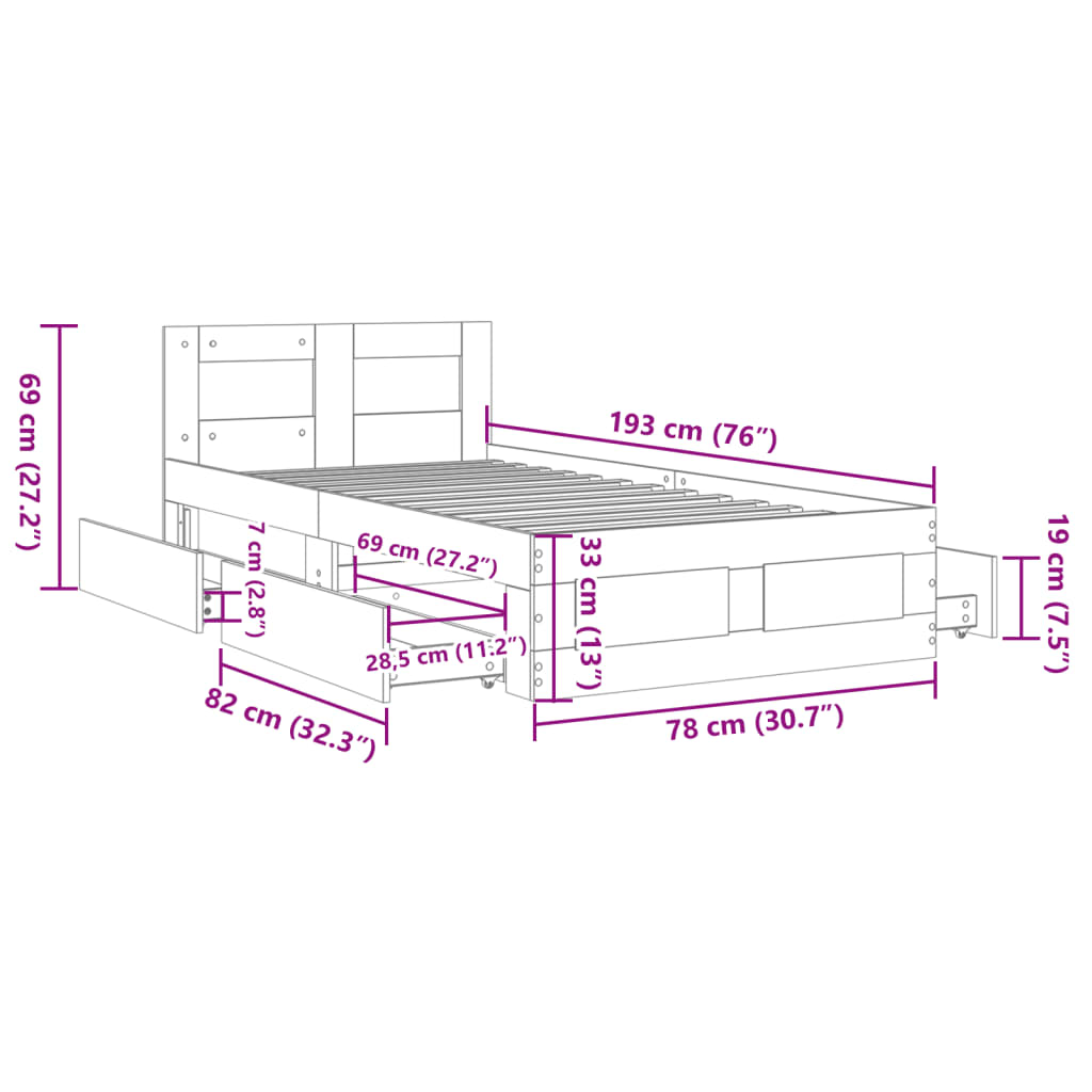 vidaXL voodiraam peatsiga, must, 75x190 cm, tehispuit